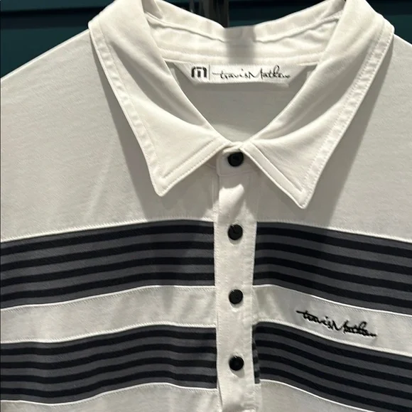 Men's White Travis Mathew Polo Shirt with black and gray stripes. - Picture 3 of 5